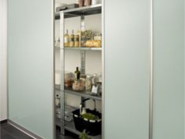 Pantry Doors - Natural Anodised Aluminium Hardware With Full Length White Laminated Glass Inserts