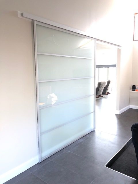 Large Kitchen To Lounge Room Divider - Natural Anodised Aluminium Hardware With Frosted Glass Inserts