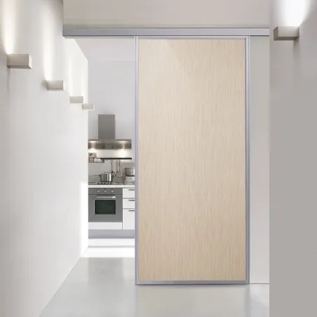 Kitchen Divider - Single Sliding Door - Natural Anodised Aluminium Hardware With Full Length, Double Sided Woodgrain Melamine Inserts